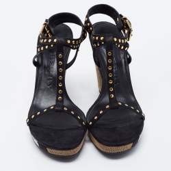 Burberry Black Leather Studded Platform Wedge Sandals Size 40