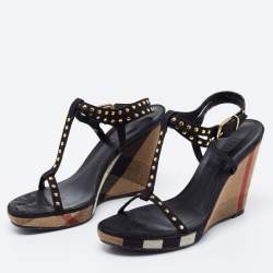 Burberry Black Leather Studded Platform Wedge Sandals Size 40