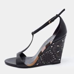 Pre Owned Burberry Black Leather Ankle Strap Wedge Sandals Size 38.5