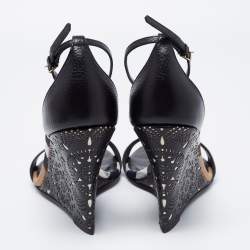 Pre Owned Burberry Black Leather Ankle Strap Wedge Sandals Size 38.5