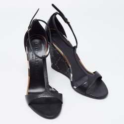 Pre Owned Burberry Black Leather Ankle Strap Wedge Sandals Size 38.5