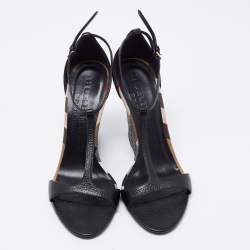 Pre Owned Burberry Black Leather Ankle Strap Wedge Sandals Size 38.5