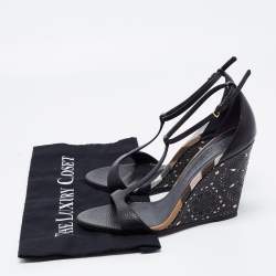 Pre Owned Burberry Black Leather Ankle Strap Wedge Sandals Size 38.5