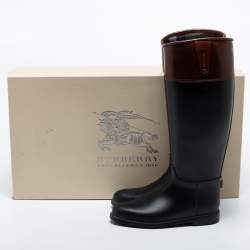 مملوكة مسبقًا Burberry Black/Brown Rubber and Leather Rain  Boots Size 37