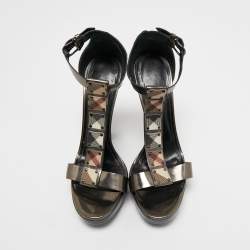 Burberry Bronze/Beige House Check Canvas And Leather Ankle Strap Sandals Size 39