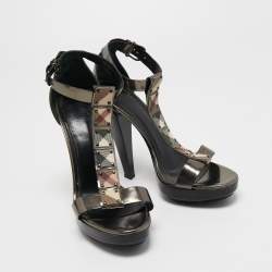 Burberry Bronze/Beige House Check Canvas And Leather Ankle Strap Sandals Size 39