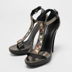 Burberry Bronze/Beige House Check Canvas And Leather Ankle Strap Sandals Size 39