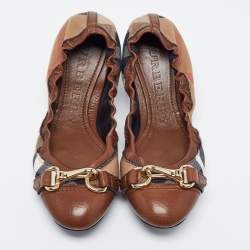 Pre Owned Burberry Beige/Black Leather And Canvas Ballet Flats Size 39