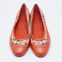 Pre Owned Burberry Multicolor Brogue Leather and Haymarket Check Canvas Tudor Ballet Flats Size 38