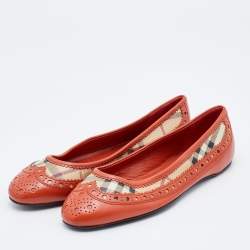 Pre Owned Burberry Multicolor Brogue Leather and Haymarket Check Canvas Tudor Ballet Flats Size 38