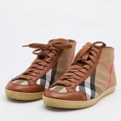 Burberry Brown/Beige House Check Canvas and Leather Montford Sneakers Size 38