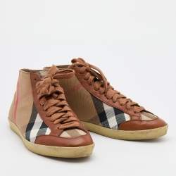 Burberry Brown/Beige House Check Canvas and Leather Montford Sneakers Size 38