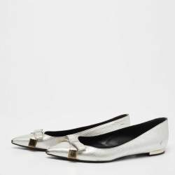 Pre Owned Burberry Silver Leather Bow Pointed Toe Ballet Flats Size 36