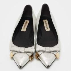 Pre Owned Burberry Silver Leather Bow Pointed Toe Ballet Flats Size 36