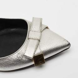 Pre Owned Burberry Silver Leather Bow Pointed Toe Ballet Flats Size 36