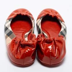 Pre Owned Burberry Orange Patent Leather and Nova Check Canvas Scrunch Ballet Flats Size 40.5
