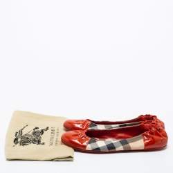 Pre Owned Burberry Orange Patent Leather and Nova Check Canvas Scrunch Ballet Flats Size 40.5