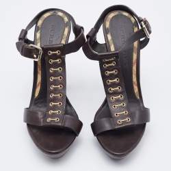 Pre Owned Burberry Dark Brown Leather T-Strap Platform Sandals Size 37.5