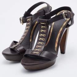 Pre Owned Burberry Dark Brown Leather T-Strap Platform Sandals Size 37.5