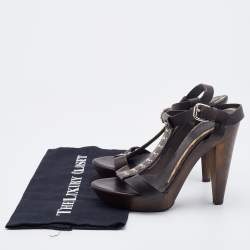 Pre Owned Burberry Dark Brown Leather T-Strap Platform Sandals Size 37.5