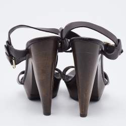 Pre Owned Burberry Dark Brown Leather T-Strap Platform Sandals Size 37.5