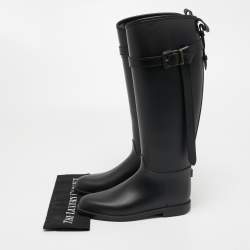 Pre Owned Burberry Black Rubber Belted Equestrian Rain Boots Size 38