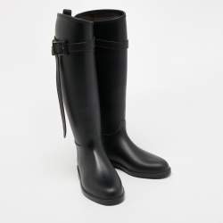 Pre Owned Burberry Black Rubber Belted Equestrian Rain Boots Size 38