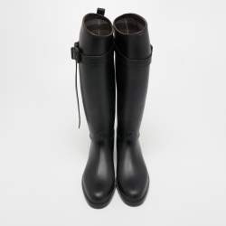 Pre Owned Burberry Black Rubber Belted Equestrian Rain Boots Size 38