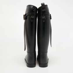 Pre Owned Burberry Black Rubber Belted Equestrian Rain Boots Size 38