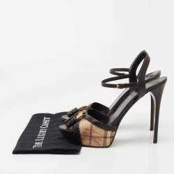 Pre Owned Burberry Brown/Beige Leather and Nova Check Canvas Platform Ankle Strap Sandals Size 41