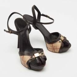 Pre Owned Burberry Brown/Beige Leather and Nova Check Canvas Platform Ankle Strap Sandals Size 41