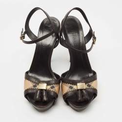 Pre Owned Burberry Brown/Beige Leather and Nova Check Canvas Platform Ankle Strap Sandals Size 41