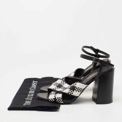 Pre Owned Burberry Black/White Woven Leather Castlebar Ankle Strap Sandals Size 38