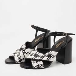 Pre Owned Burberry Black/White Woven Leather Castlebar Ankle Strap Sandals Size 38