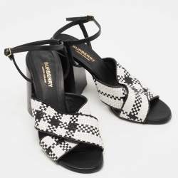 Pre Owned Burberry Black/White Woven Leather Castlebar Ankle Strap Sandals Size 38