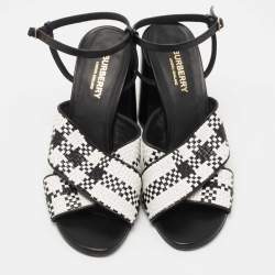 Pre Owned Burberry Black/White Woven Leather Castlebar Ankle Strap Sandals Size 38
