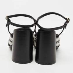 Pre Owned Burberry Black/White Woven Leather Castlebar Ankle Strap Sandals Size 38