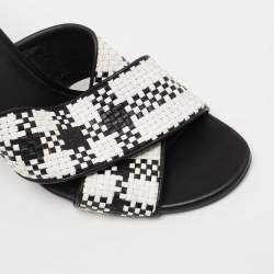Pre Owned Burberry Black/White Woven Leather Castlebar Ankle Strap Sandals Size 38