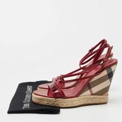 Pre Owned Burberry Burgundy Patent and PVC Espadrille Wedge Sandals Size 41