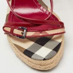 Burberry Pink Patent And House Check Canvas Wedge Espadrille Sandals Size 39