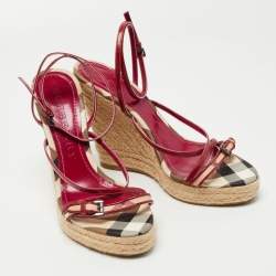 Burberry Pink Patent And House Check Canvas Wedge Espadrille Sandals Size 39