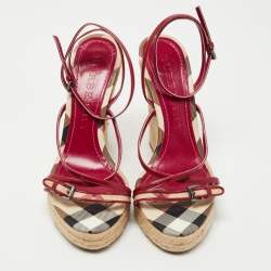 Burberry Pink Patent And House Check Canvas Wedge Espadrille Sandals Size 39