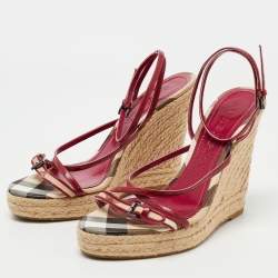 Burberry Pink Patent And House Check Canvas Wedge Espadrille Sandals Size 39