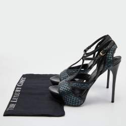 مملوكة مسبقًا Burberry Black/Green Leather and Woven Raffia T-Strap Platform Sandals Size 40