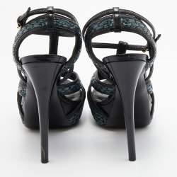 مملوكة مسبقًا Burberry Black/Green Leather and Woven Raffia T-Strap Platform Sandals Size 40
