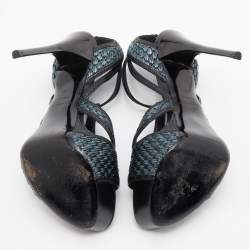 مملوكة مسبقًا Burberry Black/Green Leather and Woven Raffia T-Strap Platform Sandals Size 40