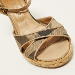 Burberry Beige/Grey House Check Canvas and Leather Espadrille Wedge Sandals Size 37