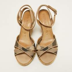 Burberry Beige/Grey House Check Canvas and Leather Espadrille Wedge Sandals Size 37