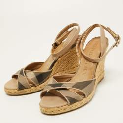Burberry Beige/Grey House Check Canvas and Leather Espadrille Wedge Sandals Size 37