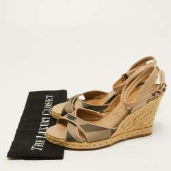 Burberry Beige/Grey House Check Canvas and Leather Espadrille Wedge Sandals Size 37